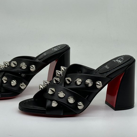 Christian Louboutin SPIKA CLUB Spiked Leather Mule Block Heel Sandals Shoes - Picture 10 of 14